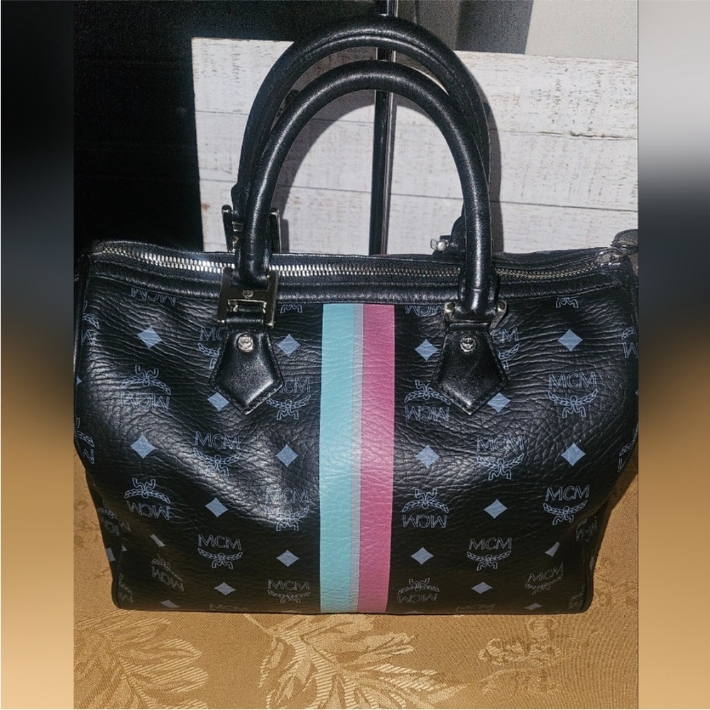 MCM Black Leather Boston Bag with Blue and Pink stripes - Picture 10 of 11